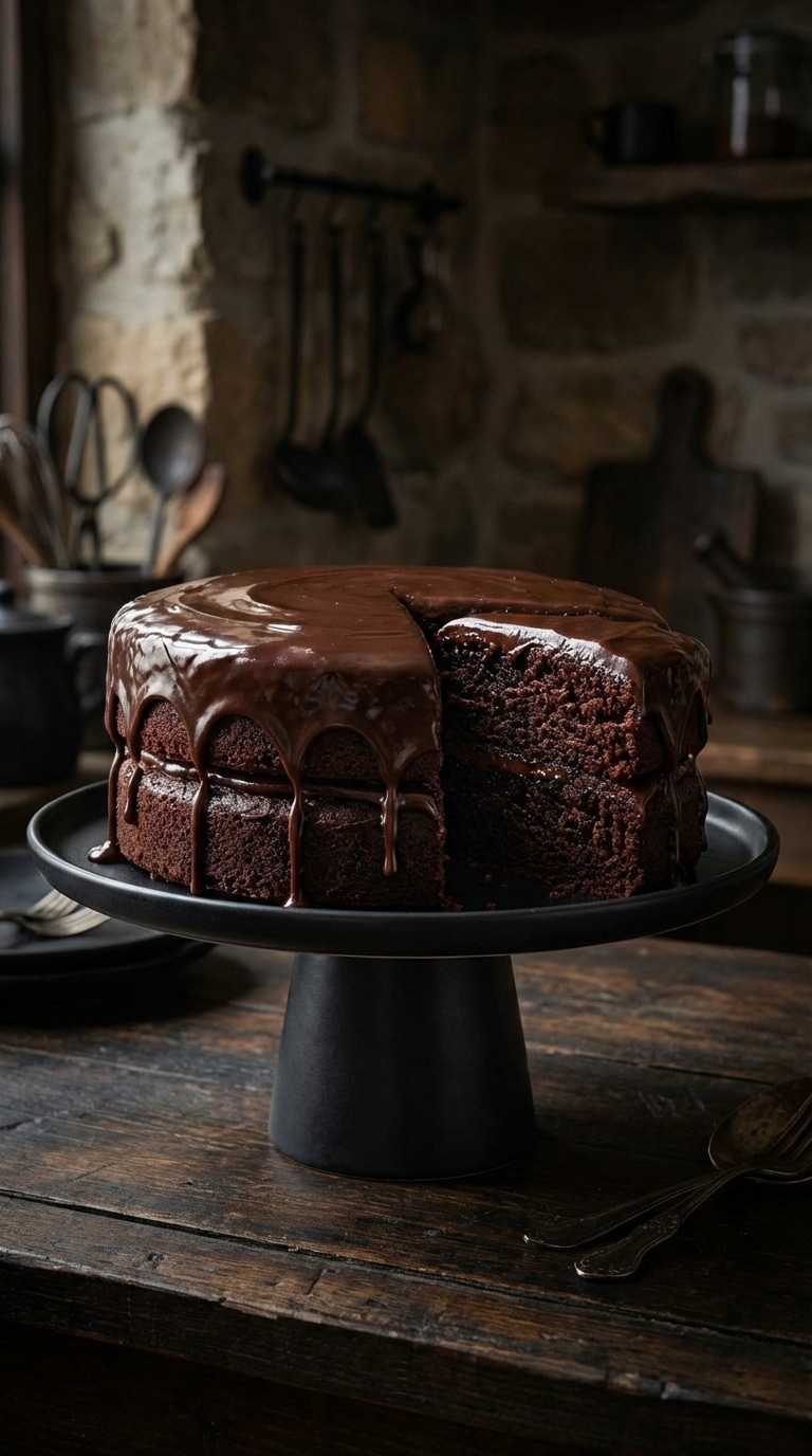 A whole two-layer dark chocolate cake with glossy chocolate ganache dripping down the sides, with one slice removed showing a moist interior.