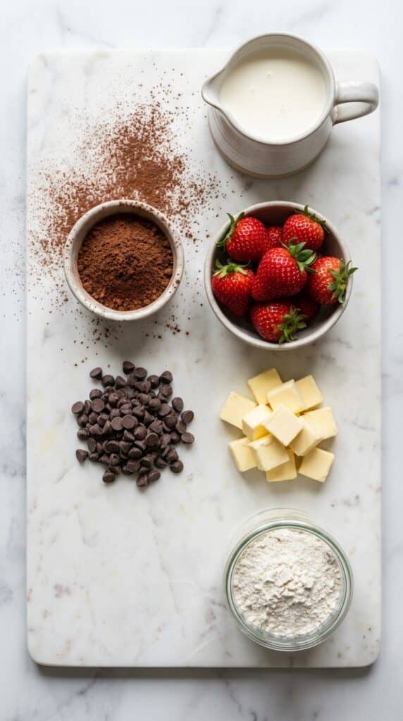 A flat lay showing cocoa powder, strawberries, chocolate chips, flour, and cream on a marble surface.