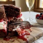 A close-up of a fork cutting into a chocolate shortcake, squashing the cream and berries.