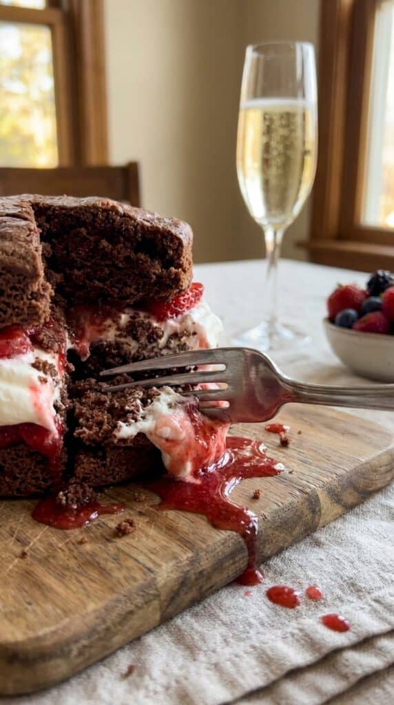 A close-up of a fork cutting into a chocolate shortcake, squashing the cream and berries.