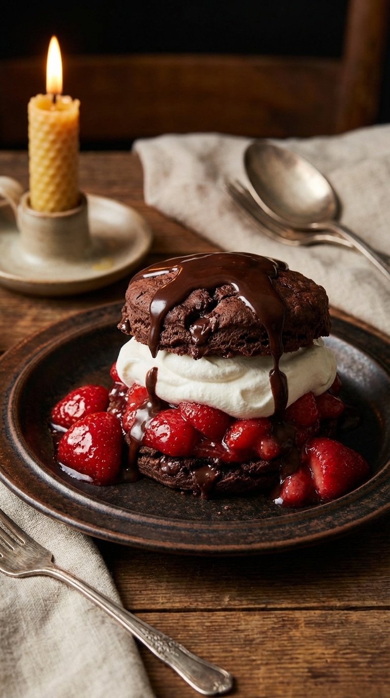A dark chocolate biscuit split and filled with strawberries and whipped cream, drizzled with chocolate sauce.