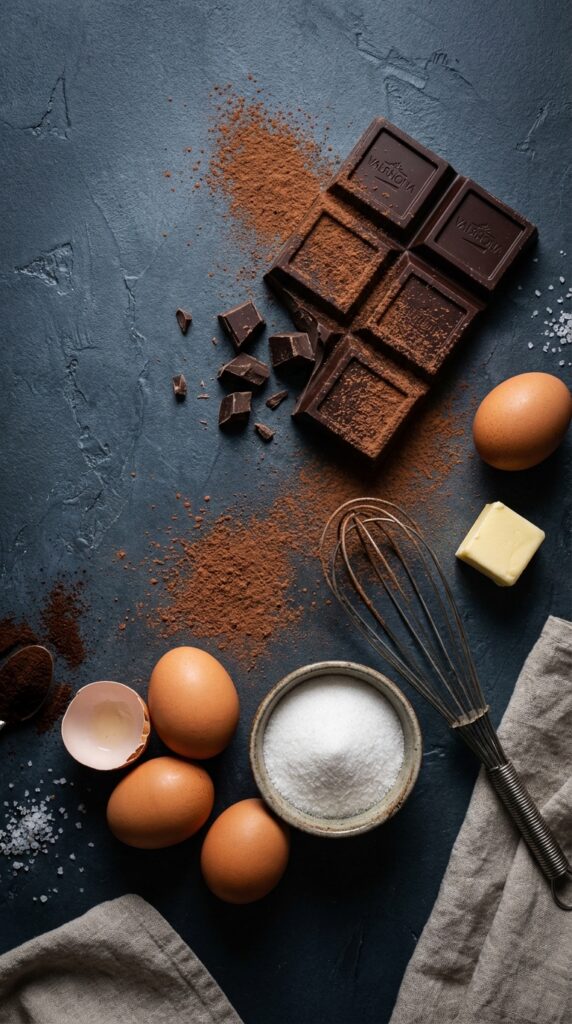 A flat lay showing dark chocolate chunks, eggs, sugar, butter, and a whisk on a dark grey surface.