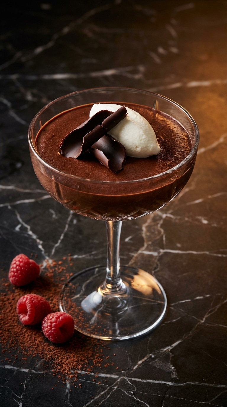 An elegant crystal glass filled with dark chocolate mousse, garnished with whipped cream, chocolate curls, and raspberries.