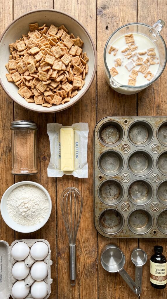 A flat lay showing a bowl of cereal, cream soaking cereal pieces, cinnamon sugar, butter, and flour on a table.
