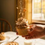A hand holding a messy, cereal-covered cupcake with crumbs falling, in a sunny breakfast setting.