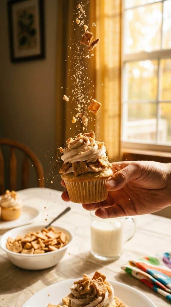A hand holding a messy, cereal-covered cupcake with crumbs falling, in a sunny breakfast setting.