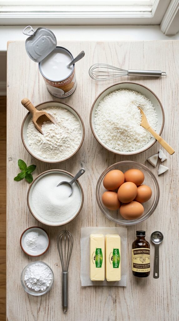 An overhead flat lay showing baking ingredients including coconut milk, shredded coconut, butter, eggs, flour, and sugar on a wooden table.