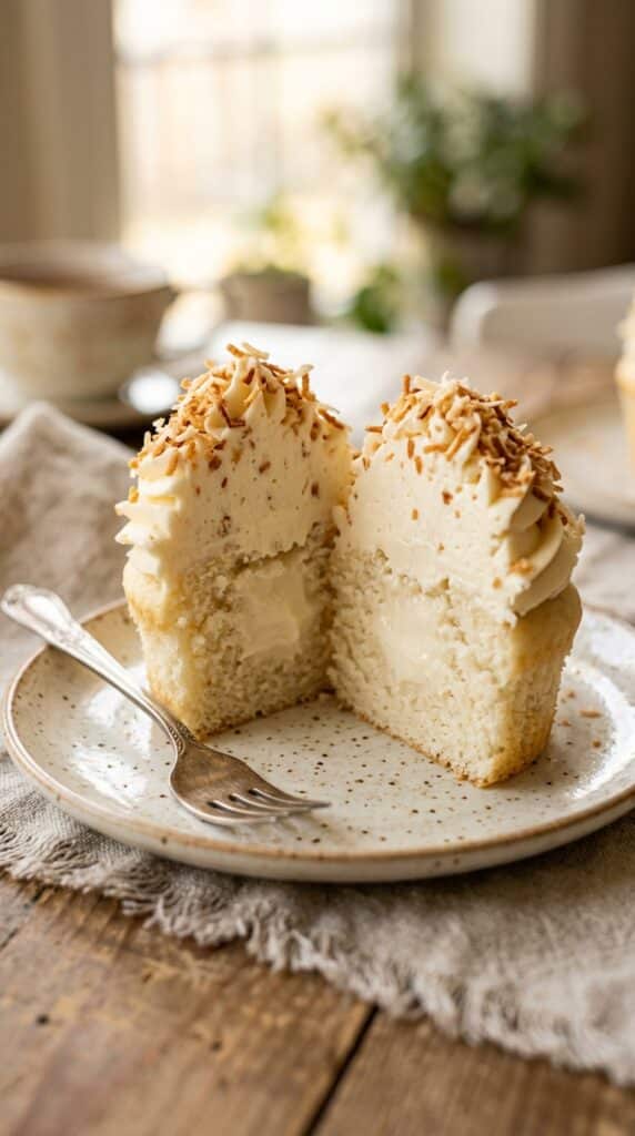 A close-up cross-section of a coconut cupcake cut in half, revealing a moist crumb and a creamy hidden filling inside.