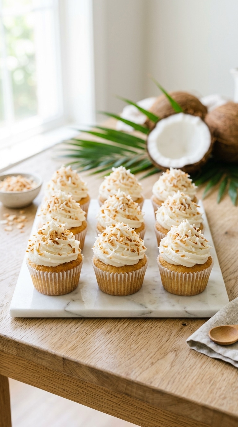 A batch of coconut cupcakes topped with tall swirls of white frosting and toasted golden coconut flakes on a marble board.