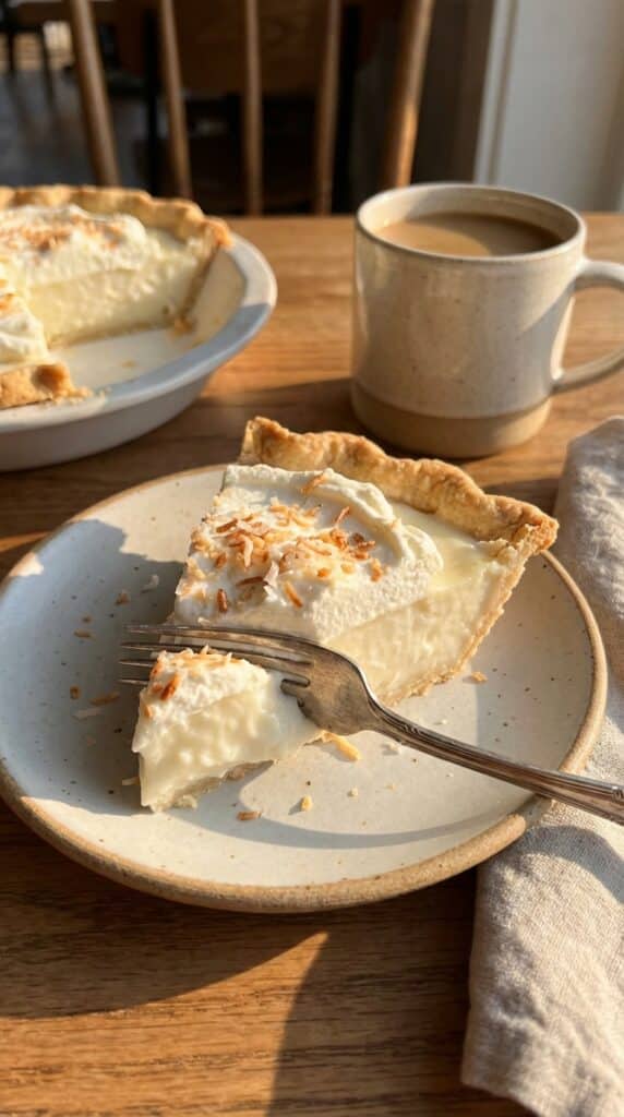 A close-up side view of a fork cutting into a slice of coconut cream pie, showing the layers.