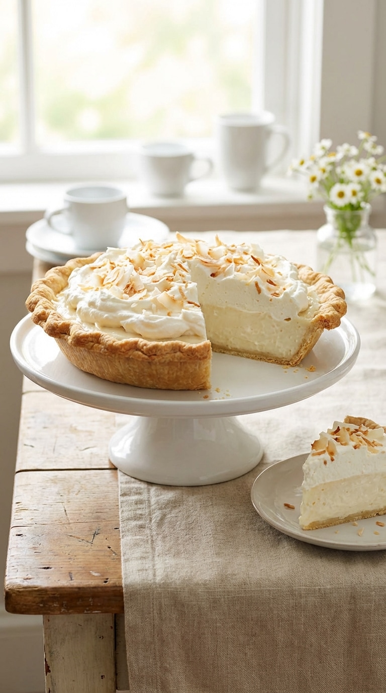 A whole coconut cream pie on a stand with a slice removed, showing thick custard and toasted coconut topping.