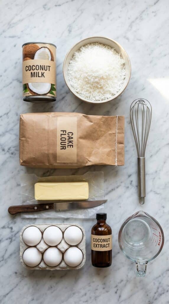 A flat lay showing canned coconut milk, shredded coconut, flour, butter, and eggs on a marble board.