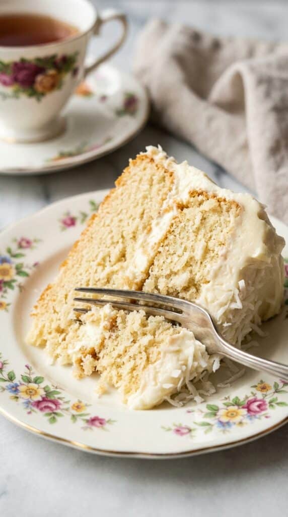 A close-up of a fork cutting into a moist slice of coconut cake on a floral plate.