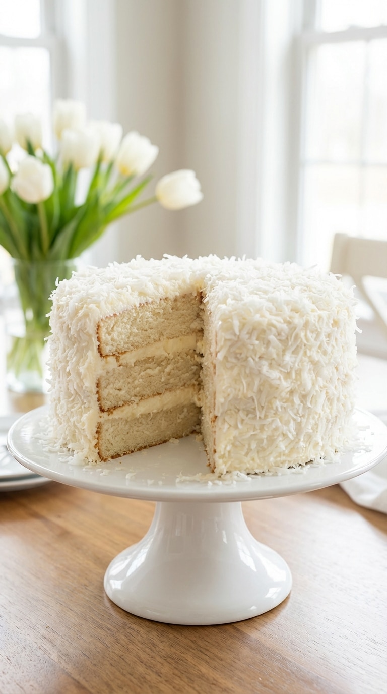 A tall white layer cake covered in shredded coconut on a cake stand, with a slice removed showing the white interior.