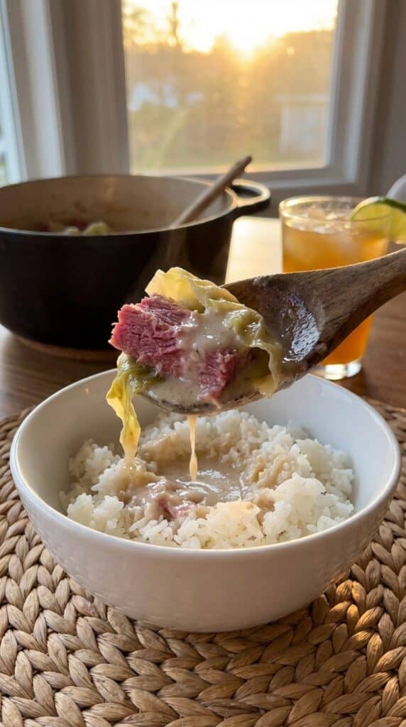 A close-up of a spoon lifting a piece of corned beef covered in creamy coconut sauce over rice.