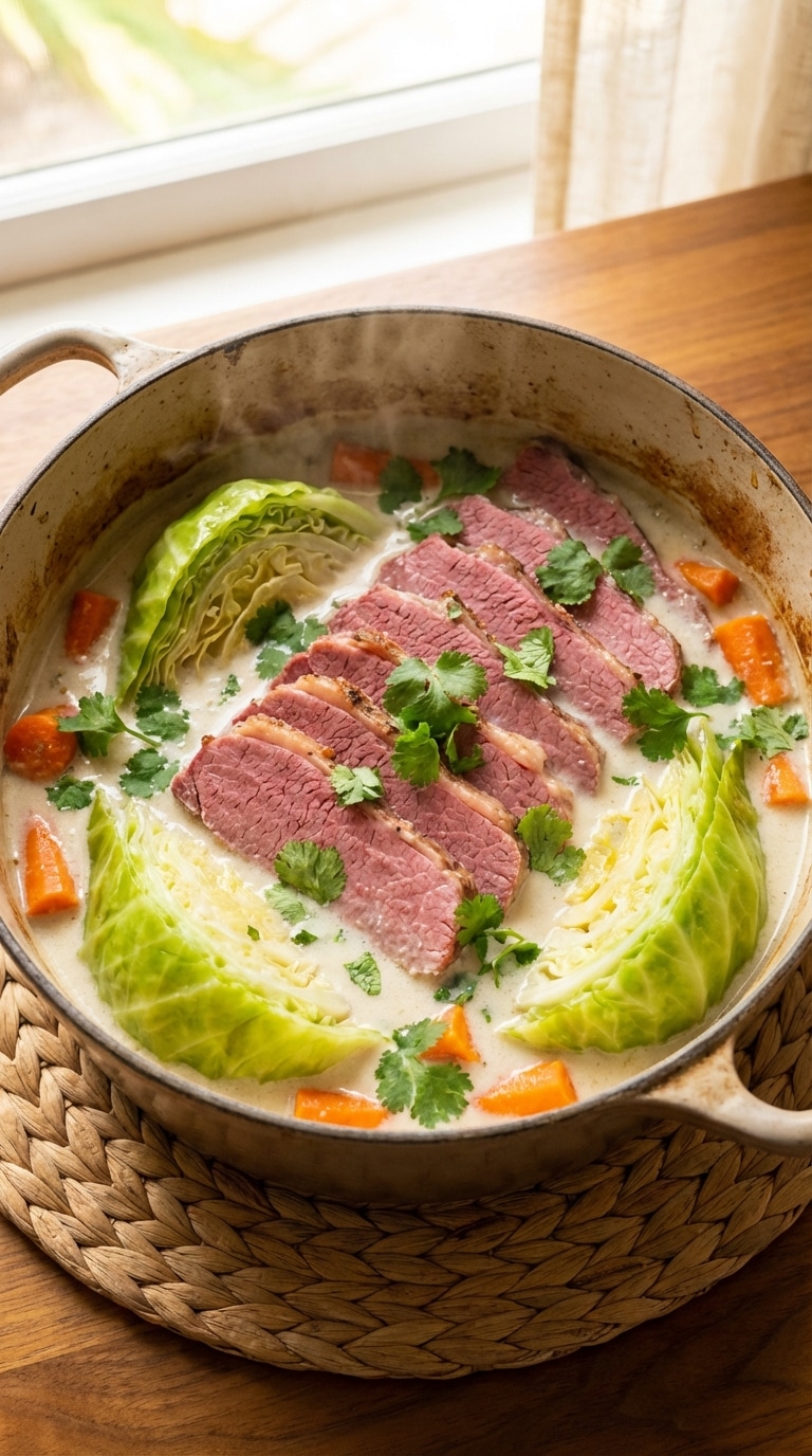 A top-down view of a pot filled with sliced corned beef brisket and cabbage swimming in a creamy white coconut milk sauce.