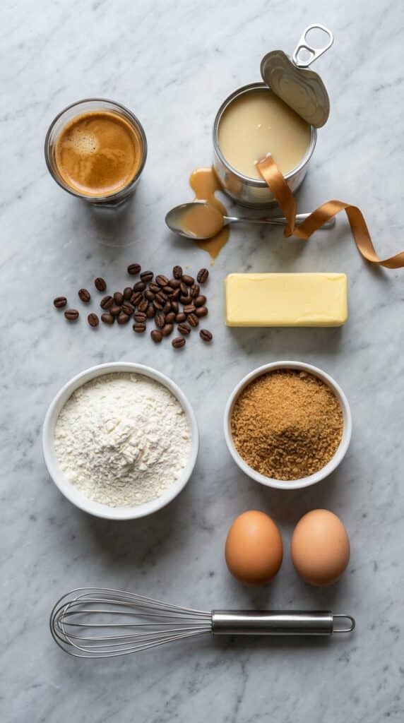 A flat lay showing a shot of espresso, an open can of sweetened condensed milk, butter, flour, sugar, and coffee beans on a marble board.