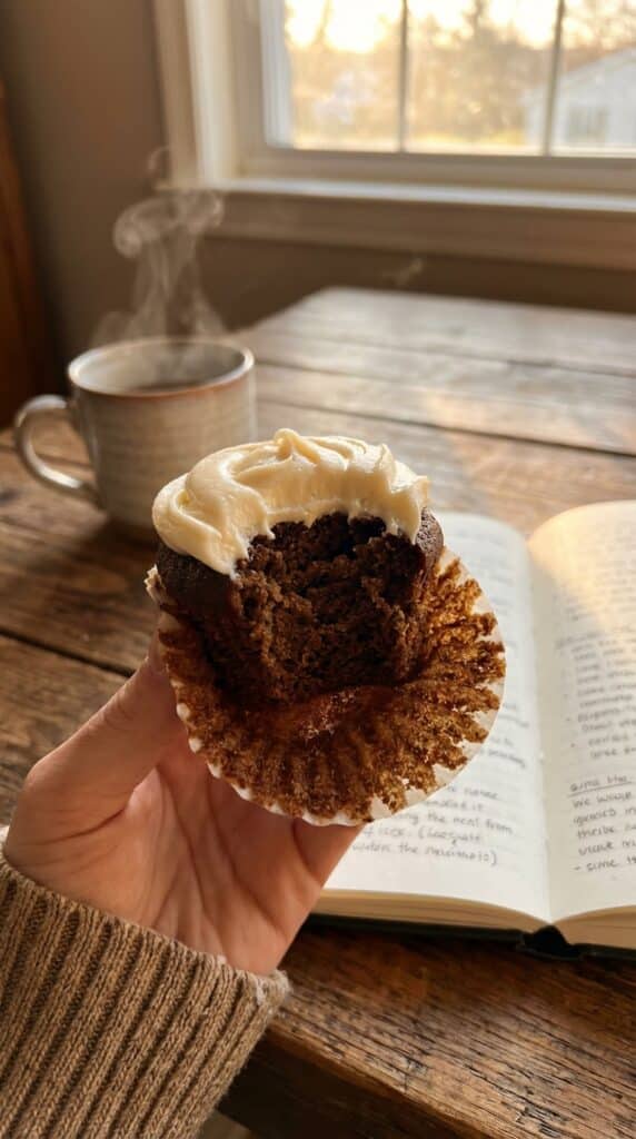 A close-up of a hand holding a half-unwrapped coffee cupcake with a bite taken out, showing the moist crumb and thick frosting.