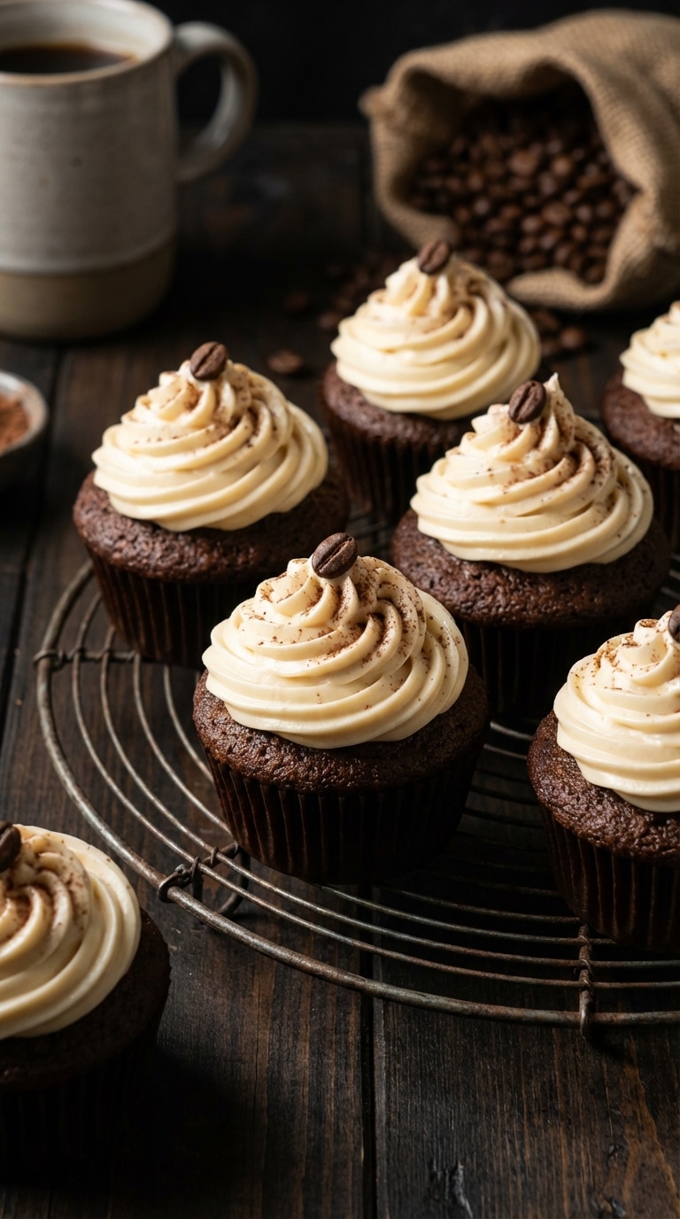 A batch of coffee cupcakes topped with tall swirls of smooth condensed milk frosting and a single coffee bean.