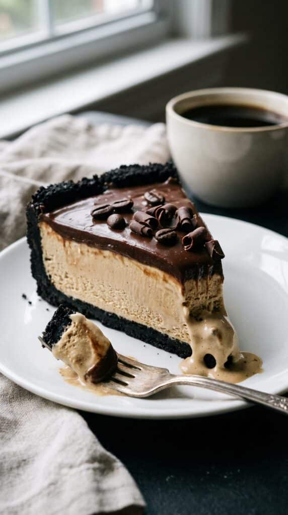 A close-up side view of a slice of coffee ice cream pie showing the thick filling and chocolate crust.