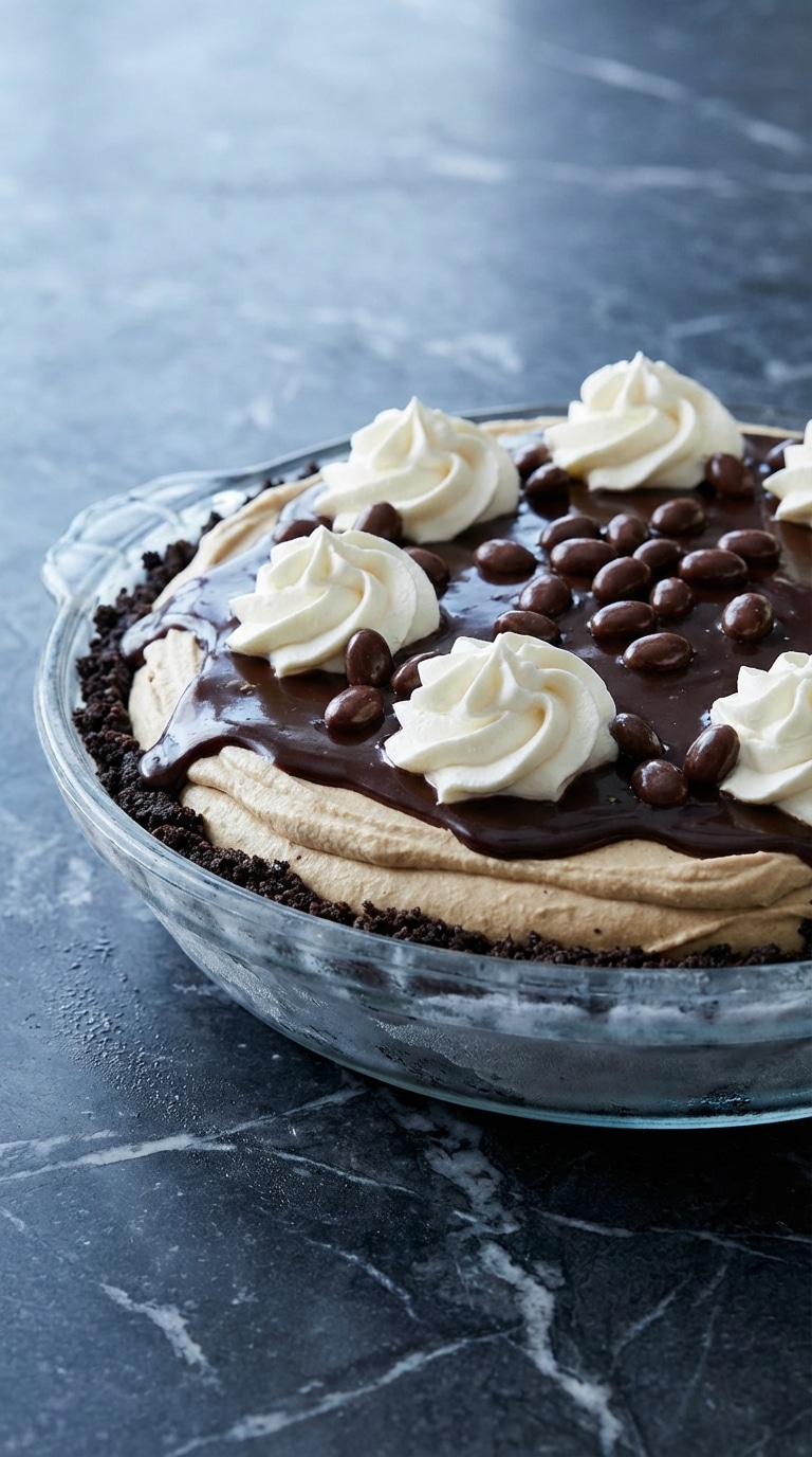 A whole frozen coffee ice cream pie with chocolate crust, fudge drizzle, and espresso beans