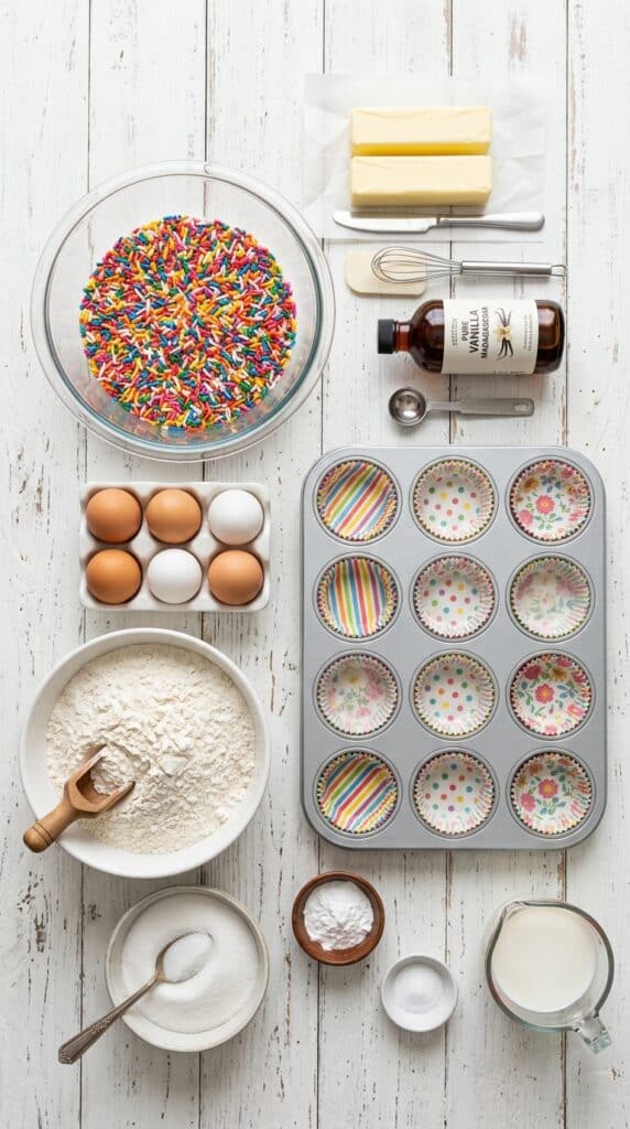 An overhead flat lay showing a bowl of rainbow sprinkles, a muffin tin with liners, butter, eggs, and flour on a white table.