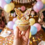 A hand holding up a colorful confetti butterfly cupcake with a blurred party background with balloons.