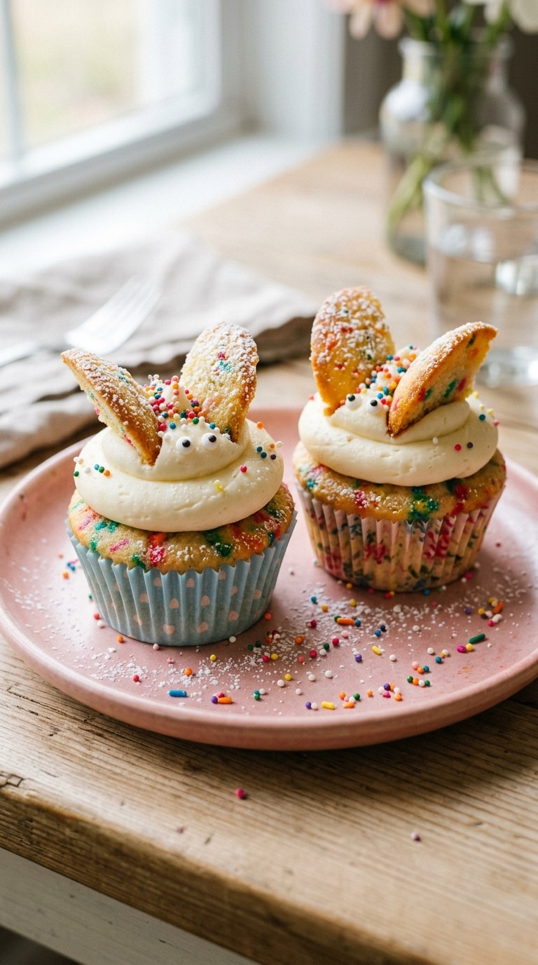 A close-up of a vanilla funfetti cupcake with the top cut into two halves resembling butterfly wings, resting in white buttercream.
