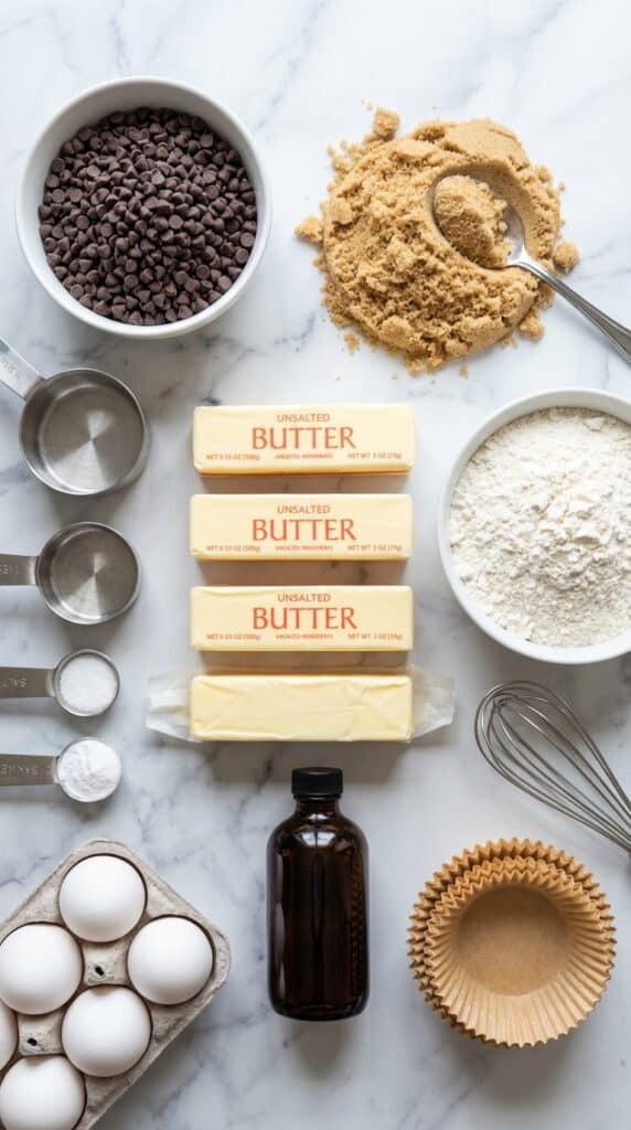 A flat lay showing miniature chocolate chips, brown sugar, butter, flour, eggs, vanilla, and cupcake liners on a marble board.