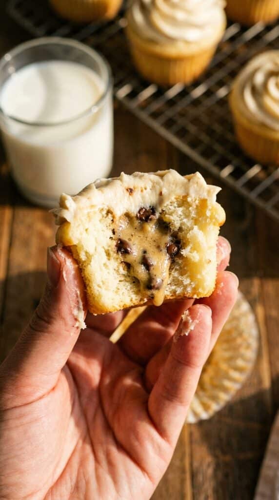A close-up of a hand holding a cupcake with a bite taken out, showing the raw cookie dough center.