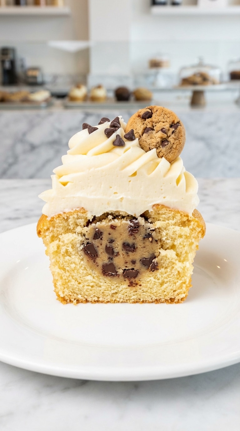 A close-up cross-section of a vanilla cupcake cut in half, revealing a chocolate chip cookie dough center, topped with buttercream and a mini cookie.