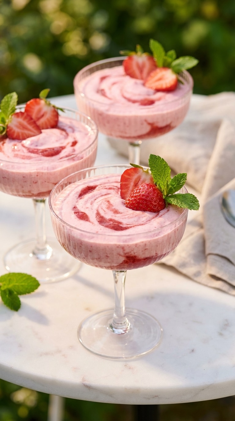 Three glass coupes filled with pink strawberry cream mousse, garnished with fresh berries and mint on a marble table.