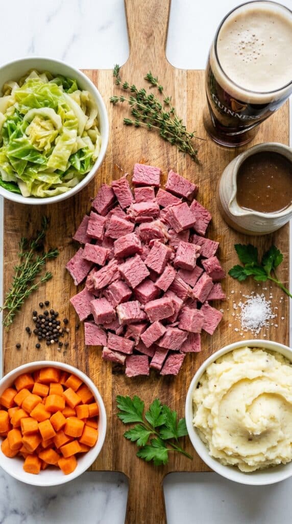 A flat lay showing chopped corned beef, cabbage, carrots, gravy, and mashed potatoes on a wooden board.