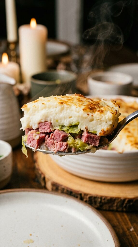 A serving spoon lifting a portion of shepherd's pie, showing layers of corned beef, cabbage, and mashed potatoes.