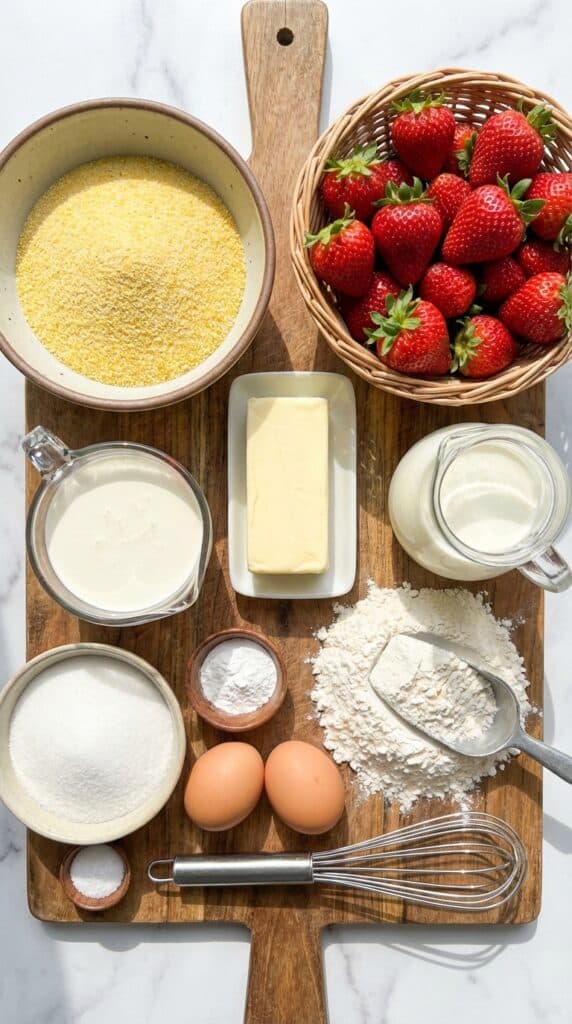 A flat lay showing yellow cornmeal, fresh strawberries, butter, flour, and cream on a wooden surface.