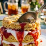 A close-up of a spoon cutting into a strawberry cornmeal shortcake, causing the cream and syrup to drip.