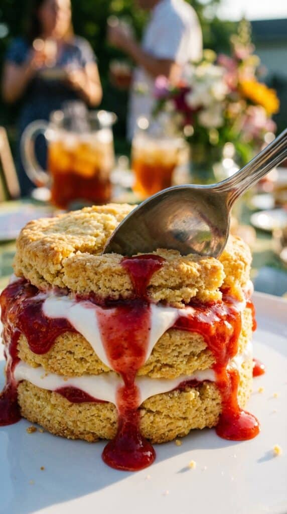 A close-up of a spoon cutting into a strawberry cornmeal shortcake, causing the cream and syrup to drip.