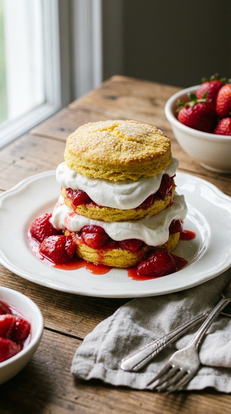 A tall strawberry shortcake made with a golden cornmeal biscuit, layered with whipped cream and fresh strawberries on a rustic plate.