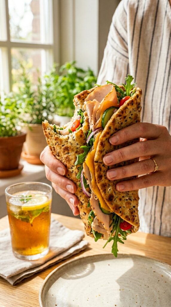A close-up of hands holding a cottage cheese wrap sandwich with a bite taken out of it, showing its flexible texture.