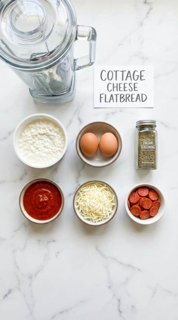 A flat lay showing a tub of cottage cheese, eggs, pizza sauce, mozzarella cheese, and pepperoni on a marble surface.