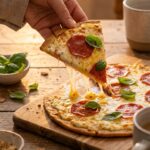 A close-up of a hand lifting a slice of pepperoni flatbread pizza, showing a sturdy crust and a melted cheese pull.