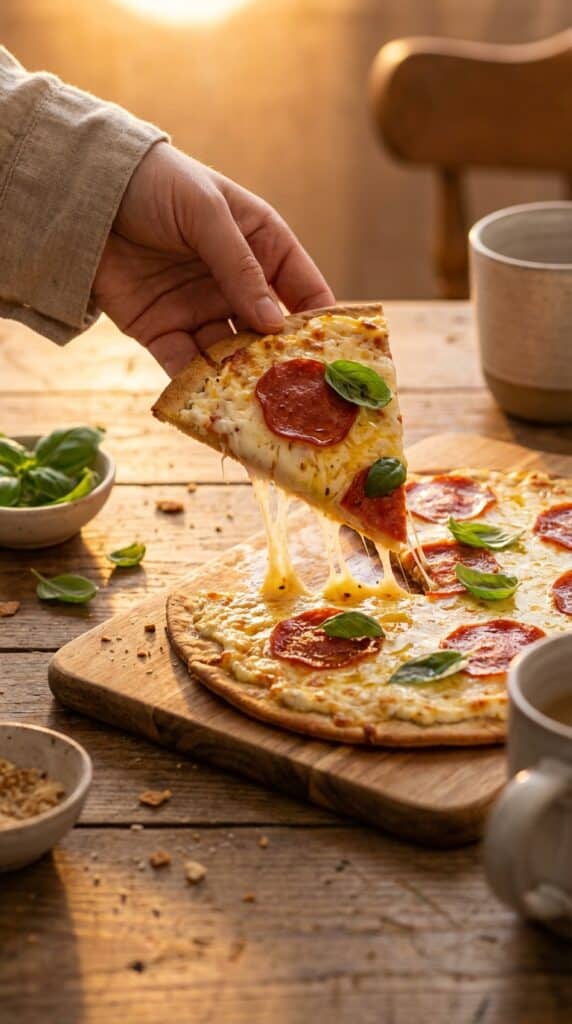 A close-up of a hand lifting a slice of pepperoni flatbread pizza, showing a sturdy crust and a melted cheese pull.