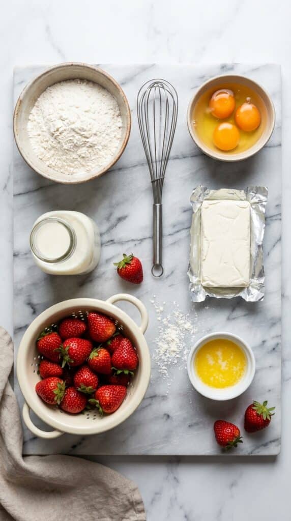 A flat lay showing flour, eggs, milk, cream cheese, and fresh strawberries on a marble surface.