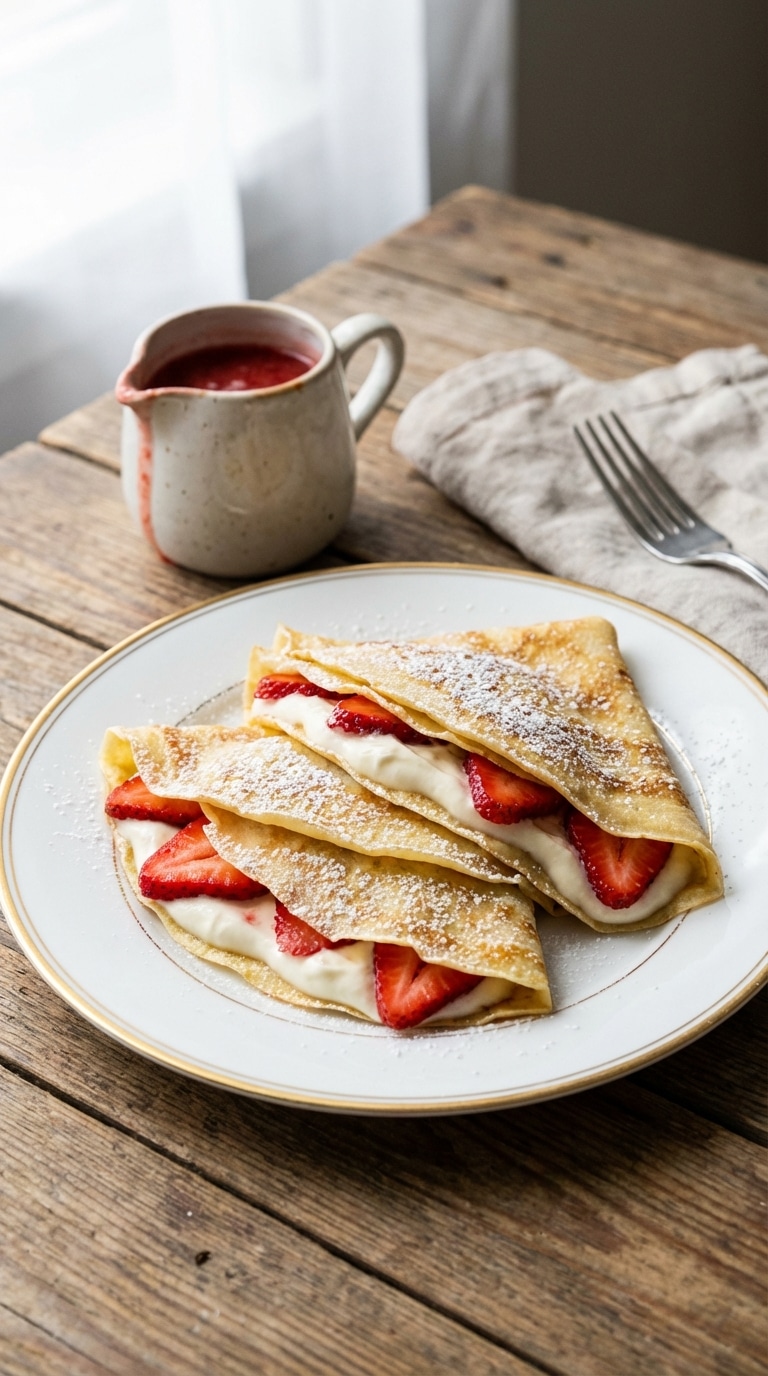 A plate of rolled crepes filled with cream and strawberries, dusted with powdered sugar.