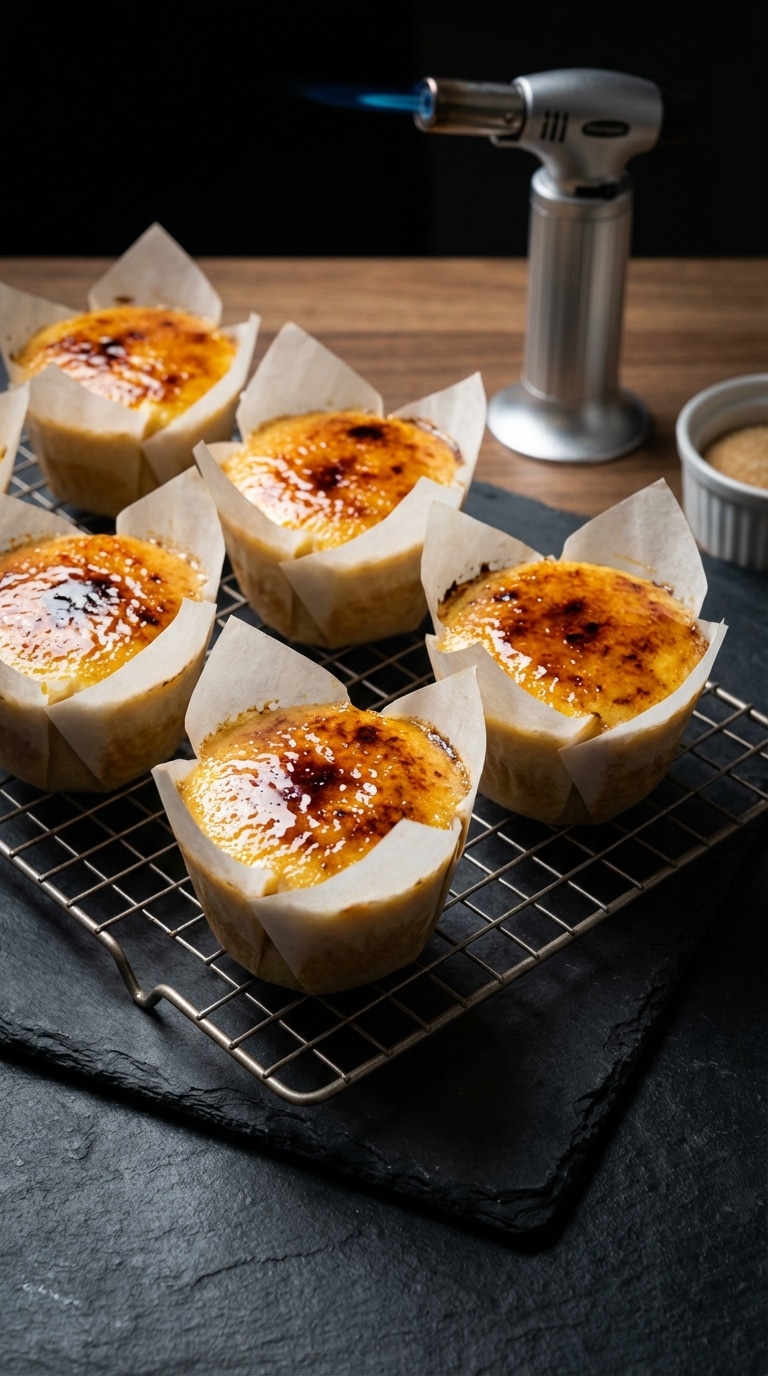 Several vanilla cupcakes topped with a hard, shiny, caramelized sugar crust sitting on a wire rack next to a kitchen torch.