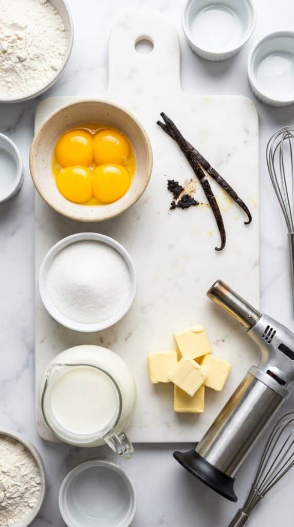 A flat lay showing egg yolks, vanilla beans, sugar, milk, butter, and a kitchen blowtorch on a marble surface.