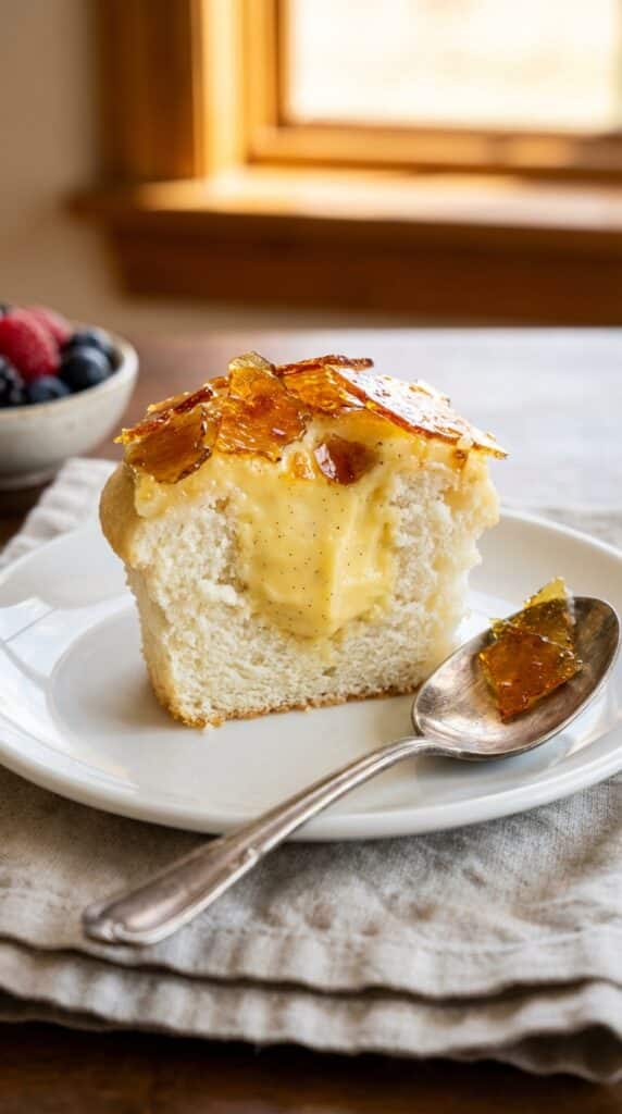A close-up cross-section of a cupcake cut in half, revealing a thick yellow custard filling and a shattered caramelized sugar top.