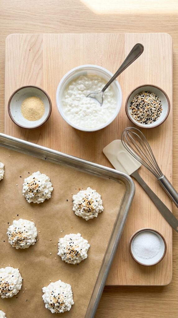 A flat lay showing a tub of cottage cheese, spices, and a parchment-lined baking sheet with dollops of cheese on a wooden board.