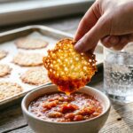 A close-up of a hand dipping a crispy baked cottage cheese chip into a bowl of red salsa.