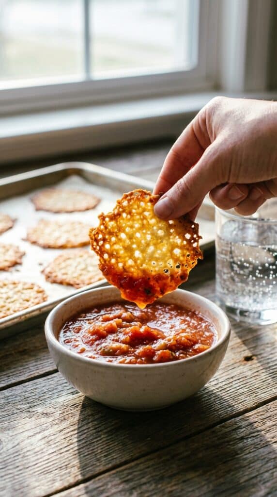 A close-up of a hand dipping a crispy baked cottage cheese chip into a bowl of red salsa.